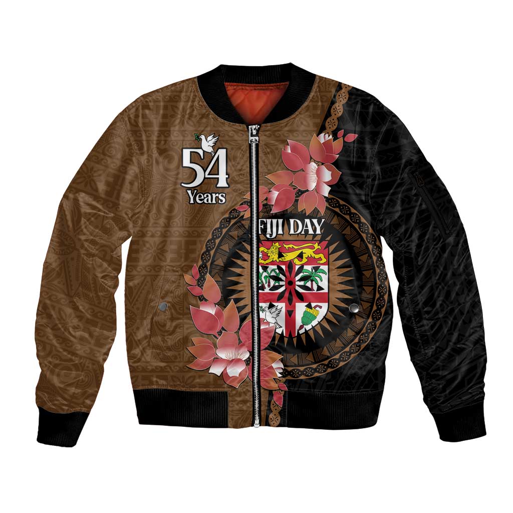 Personalised Fiji Day Sleeve Zip Bomber Jacket Fijian Tapa Pattern Mix Tagimoucia - Brown Version LT14 Unisex Brown - Polynesian Pride