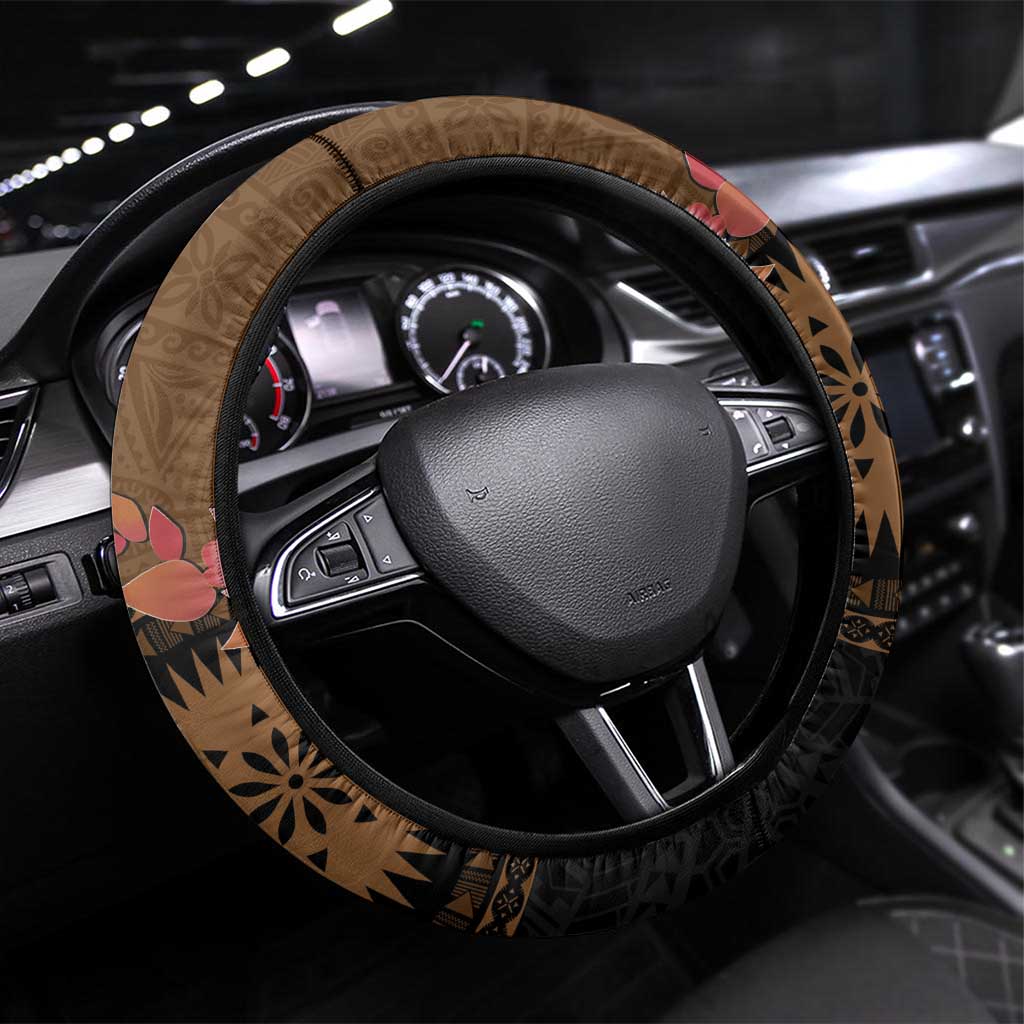 Fiji Day Steering Wheel Cover Fijian Tapa Pattern Mix Tagimoucia - Brown Version