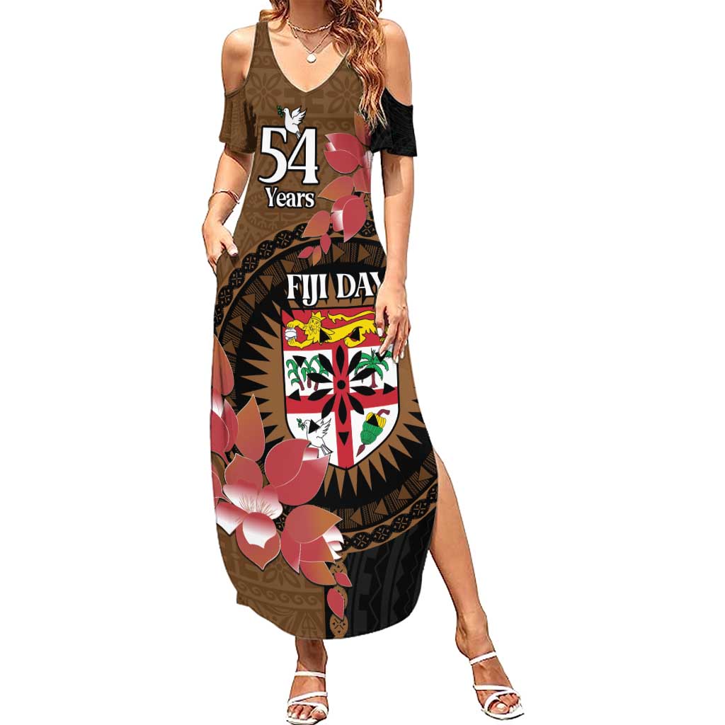 Personalised Fiji Day Summer Maxi Dress Fijian Tapa Pattern Mix Tagimoucia - Brown Version LT14 Women Brown - Polynesian Pride