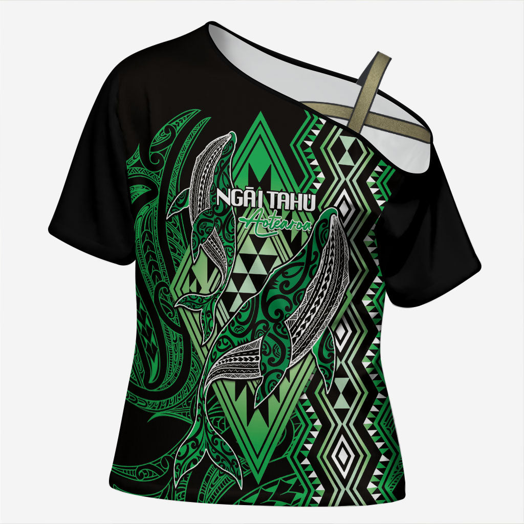 Aotearoa Iwi Ngai Tahu Personalised Cross Shoulder Shirt NZ Maori Humpback Whale Taniko Motifs LT14 Female Green - Polynesian Pride