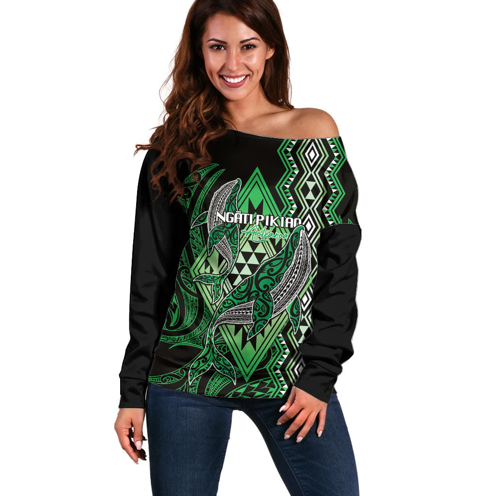 Aotearoa Iwi Ngati Pikiao Personalised Off Shoulder Sweater NZ Maori Humpback Whale Taniko Motifs LT14 Women Green - Polynesian Pride