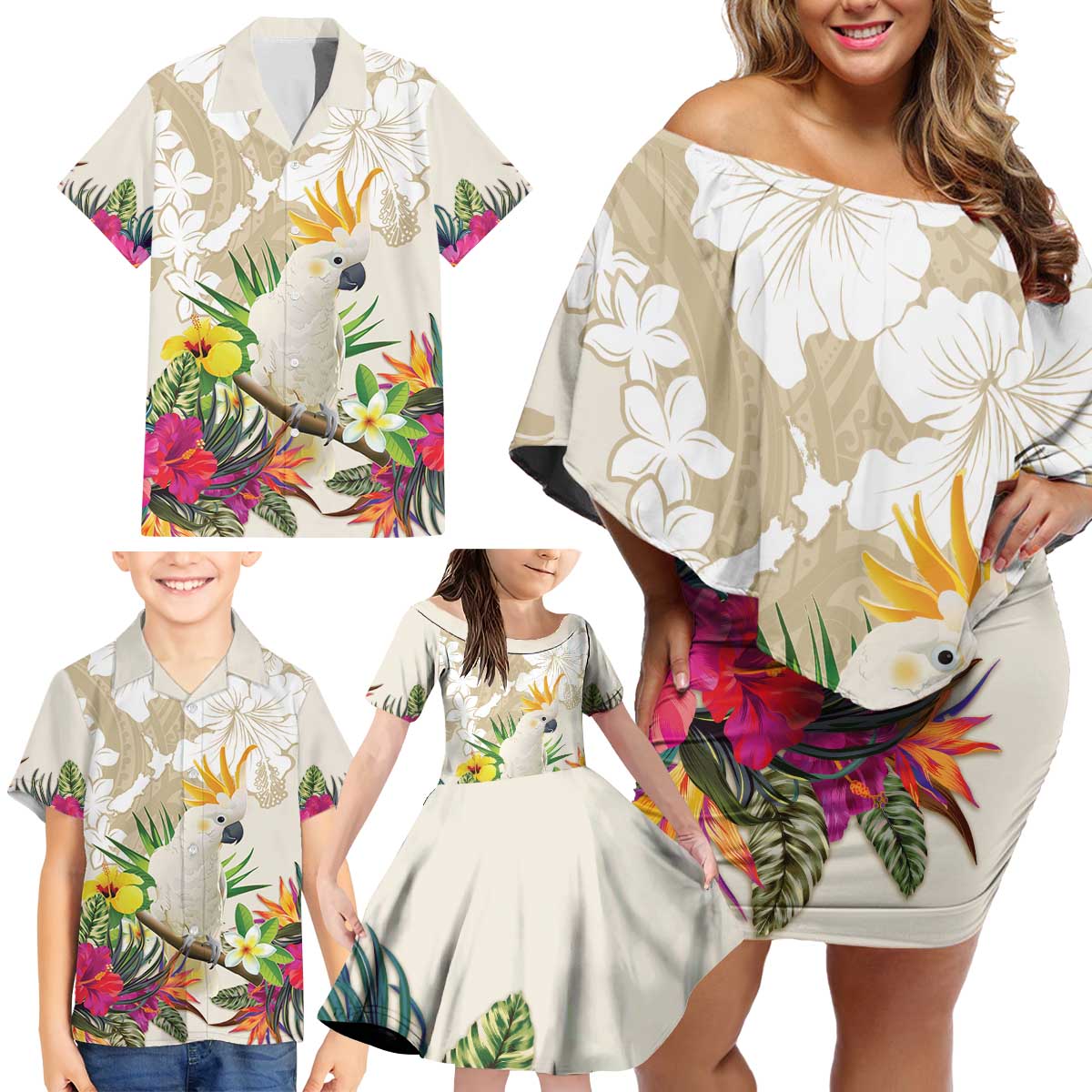 New Zealand Cacatua Galerita Family Matching Off Shoulder Short Dress and Hawaiian Shirt Aotearoa Cockatoo Tropical Flowers