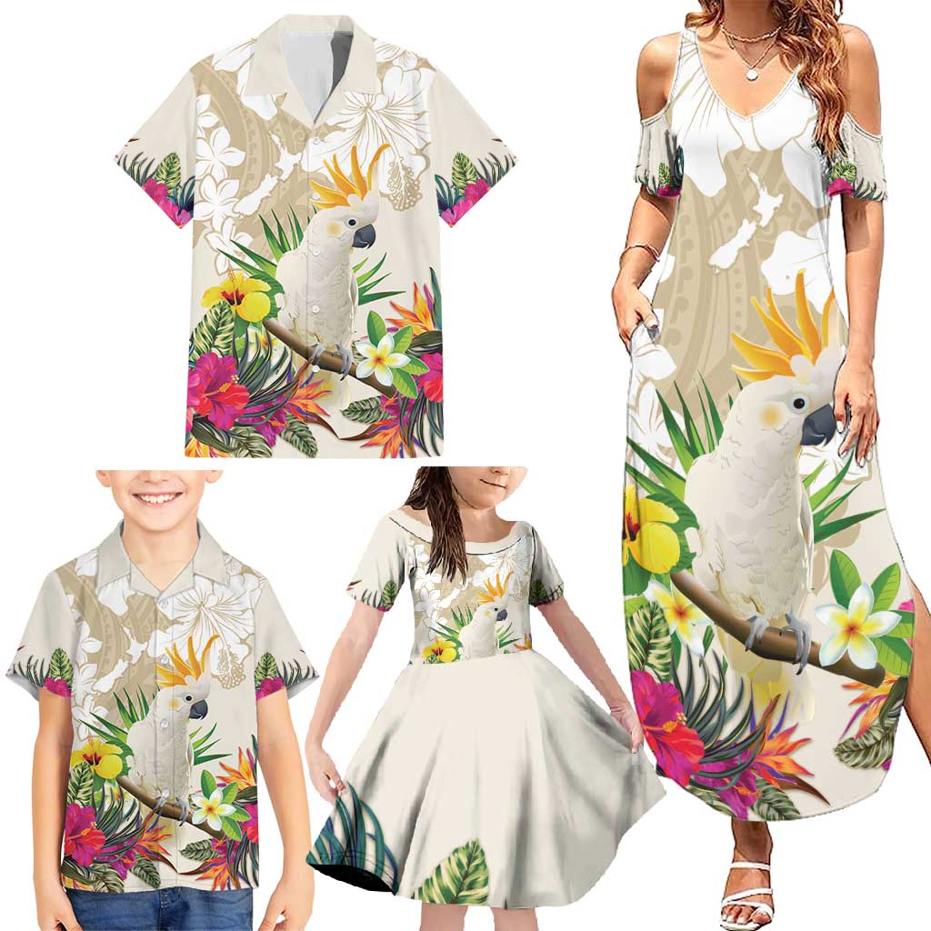 New Zealand Cacatua Galerita Family Matching Summer Maxi Dress and Hawaiian Shirt Aotearoa Cockatoo Tropical Flowers