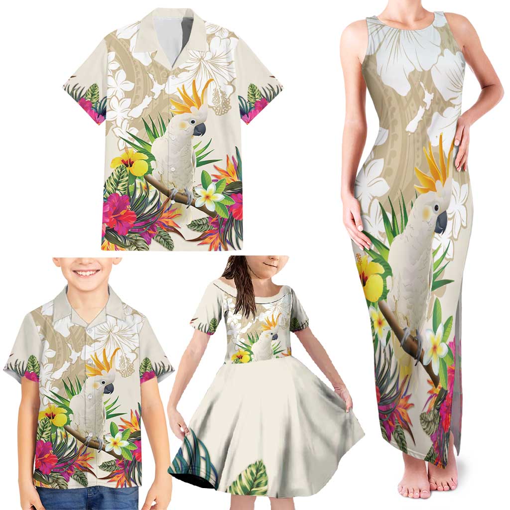 New Zealand Cacatua Galerita Family Matching Tank Maxi Dress and Hawaiian Shirt Aotearoa Cockatoo Tropical Flowers