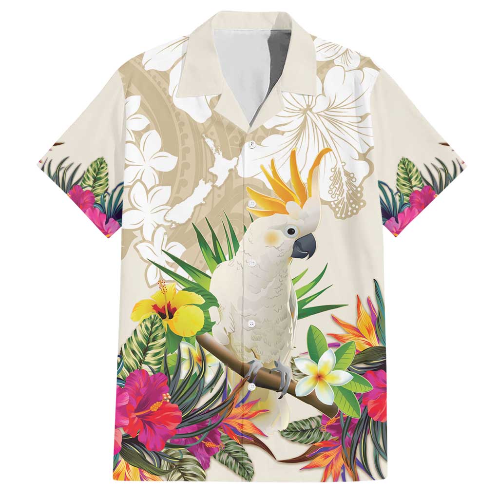 New Zealand Cacatua Galerita Hawaiian Shirt Aotearoa Cockatoo Tropical Flowers LT14 Beige - Polynesian Pride