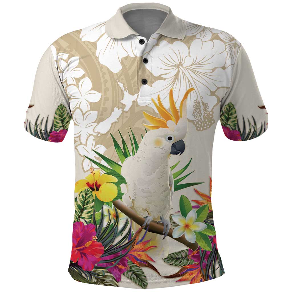 New Zealand Cacatua Galerita Polo Shirt Aotearoa Cockatoo Tropical Flowers