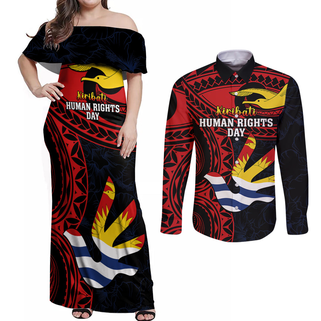 Personalised Kiribati Human Rights Day Couples Matching Off Shoulder Maxi Dress and Long Sleeve Button Shirt Coat Of Arms With Polynesian Tropical Flowers LT14 Black - Polynesian Pride