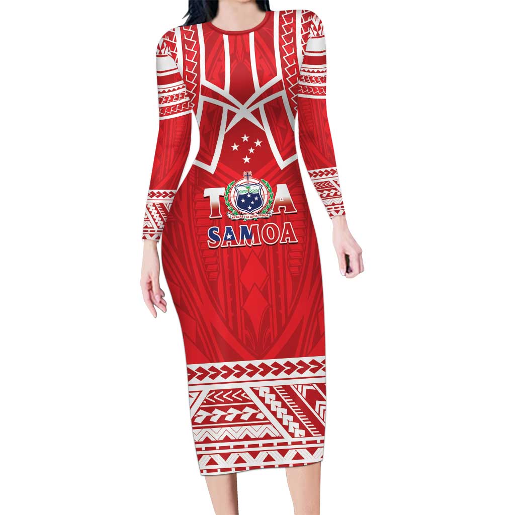 Samoa Rugby Custom Long Sleeve Bodycon Dress Toa Samoa Pacific Sporty Red LT14 Long Dress Red - Polynesian Pride