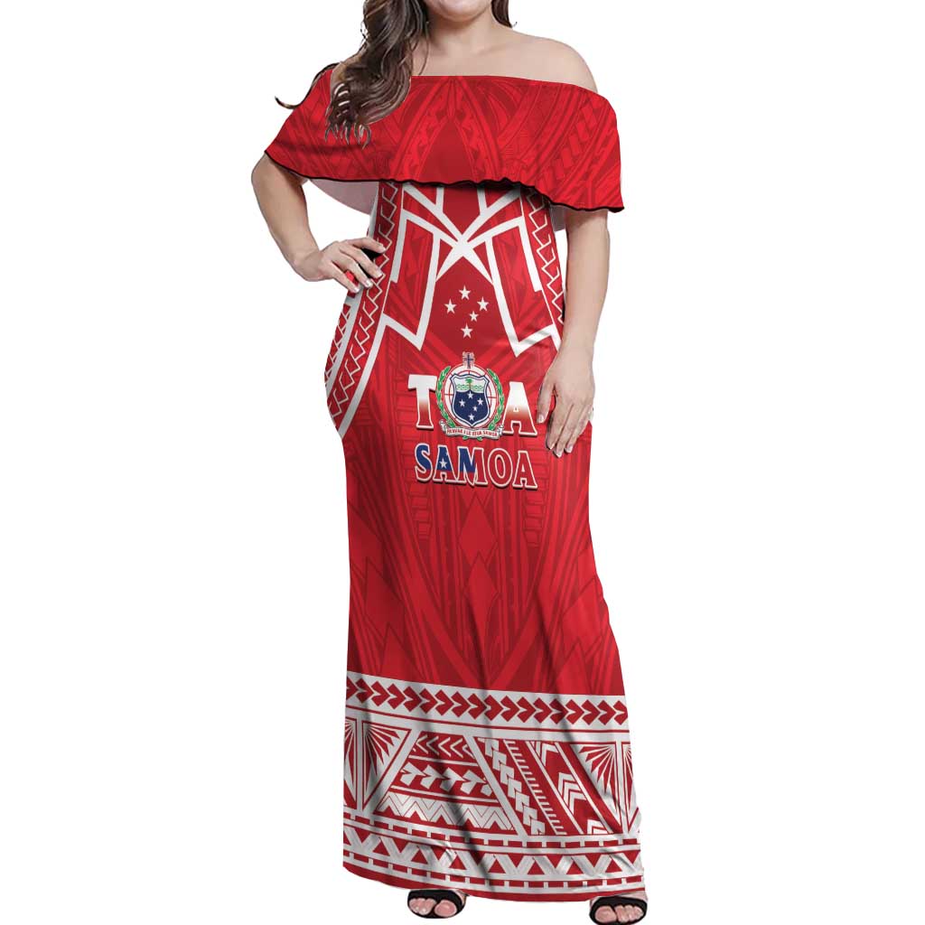 Samoa Rugby Custom Off Shoulder Maxi Dress Toa Samoa Pacific Sporty Red LT14 Women Red - Polynesian Pride