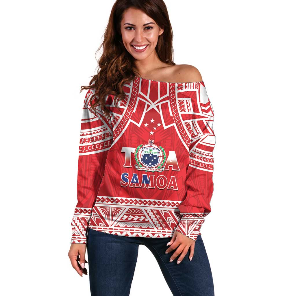 Samoa Rugby Custom Off Shoulder Sweater Toa Samoa Pacific Sporty Red LT14 Women Red - Polynesian Pride