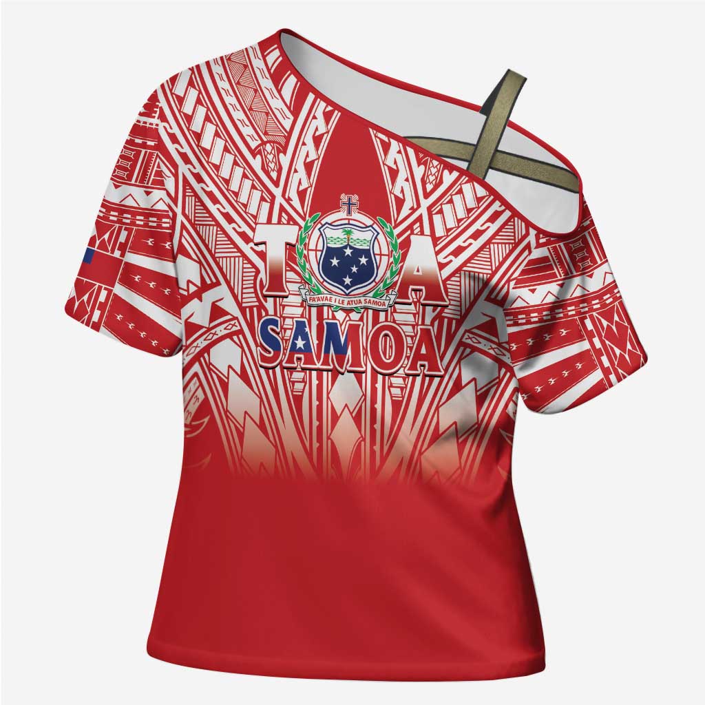 Toa Samoa Rugby Custom Cross Shoulder Shirt Samoa mo Samoa Polynesian Pacific Red LT14 Female Red - Polynesian Pride