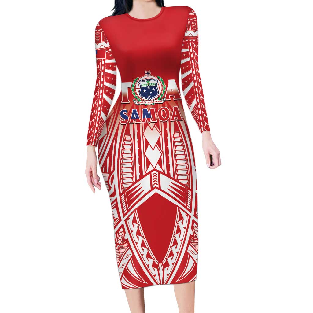 Toa Samoa Rugby Custom Long Sleeve Bodycon Dress Samoa mo Samoa Polynesian Pacific Red LT14 Long Dress Red - Polynesian Pride