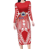 Toa Samoa Rugby Custom Long Sleeve Bodycon Dress Samoa mo Samoa Polynesian Pacific Red LT14 Long Dress Red - Polynesian Pride