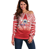 Toa Samoa Rugby Custom Off Shoulder Sweater Samoa mo Samoa Polynesian Pacific Red LT14 Women Red - Polynesian Pride