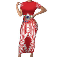 Toa Samoa Rugby Custom Short Sleeve Bodycon Dress Samoa mo Samoa Polynesian Pacific Red LT14 Long Dress Red - Polynesian Pride
