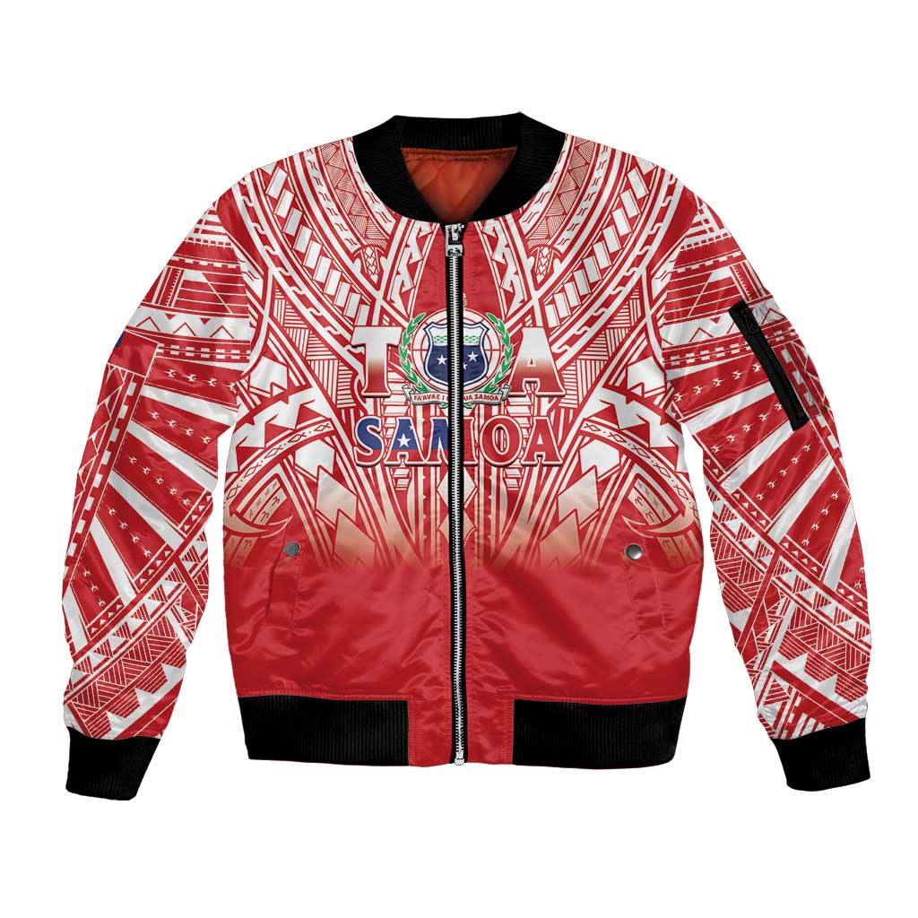 Toa Samoa Rugby Custom Sleeve Zip Bomber Jacket Samoa mo Samoa Polynesian Pacific Red LT14 Unisex Red - Polynesian Pride