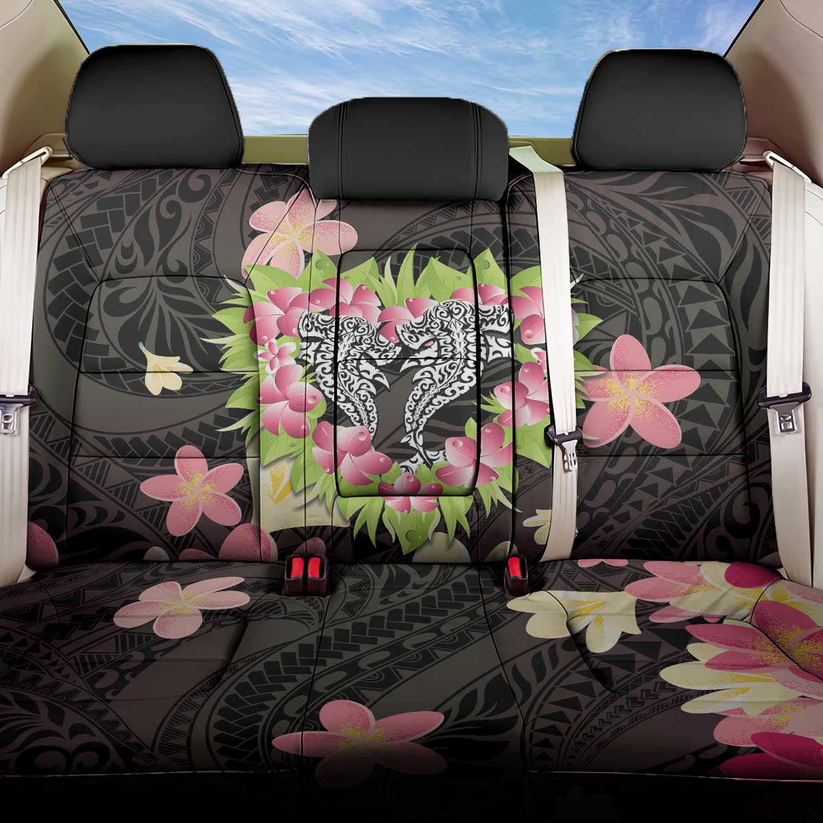 Polynesia Valentine's Day Back Car Seat Cover Hammerhead Shark Plumeria With Polynesian Pattern LT14 One Size Black - Polynesian Pride