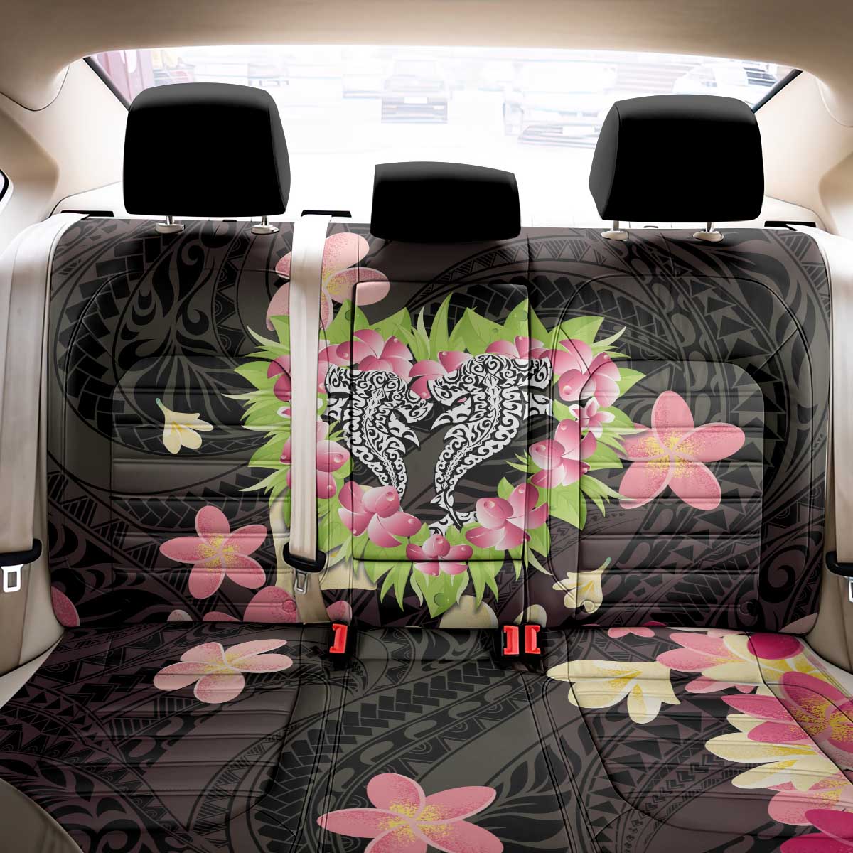 Polynesia Valentine's Day Back Car Seat Cover Hammerhead Shark Plumeria With Polynesian Pattern LT14 - Polynesian Pride