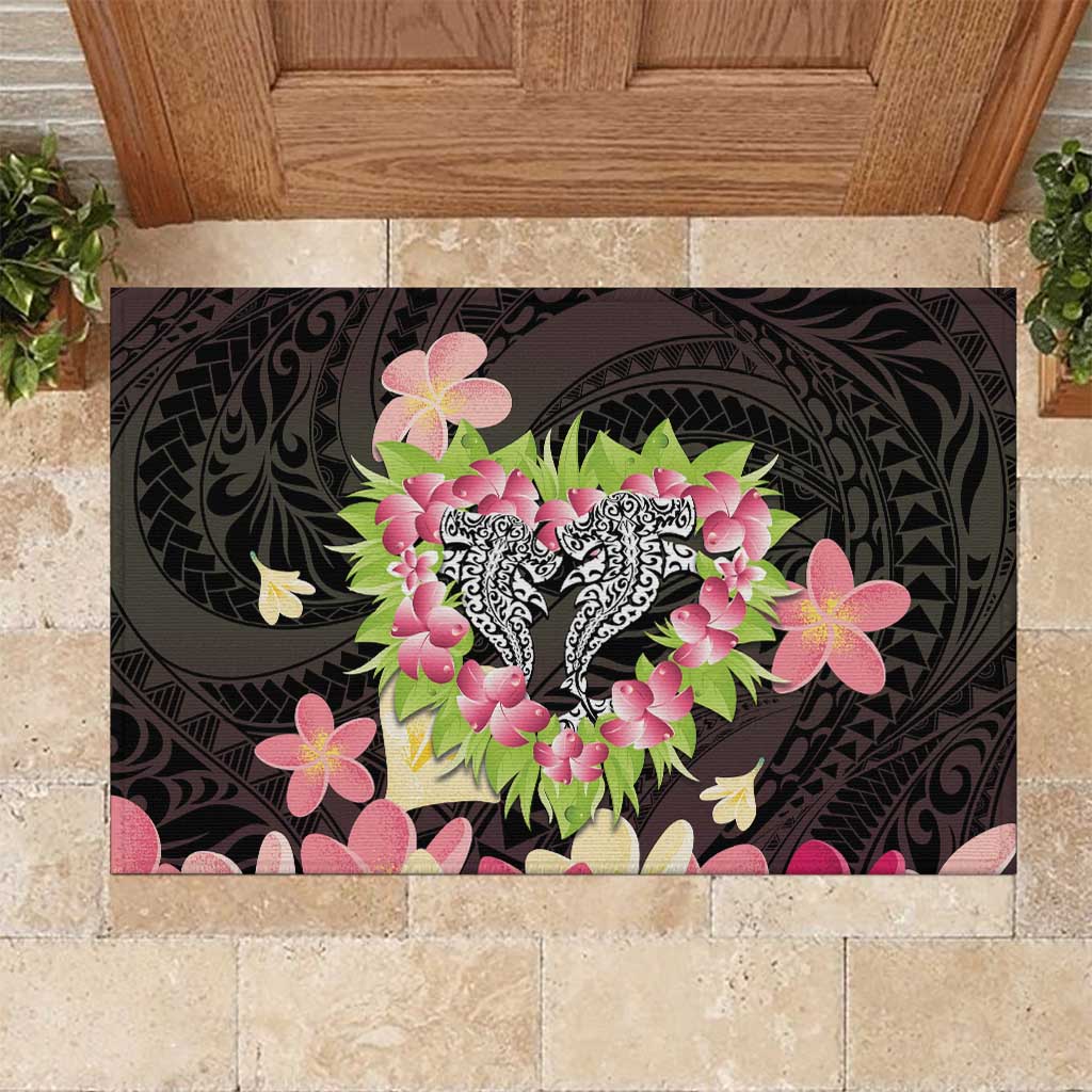 Polynesia Valentine's Day Rubber Doormat Hammerhead Shark Plumeria With Polynesian Pattern LT14 Black - Polynesian Pride