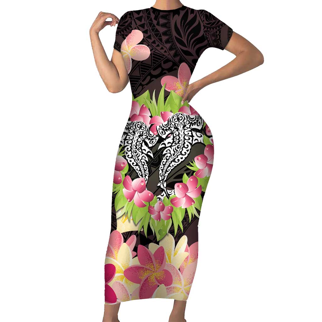 Polynesia Valentine's Day Short Sleeve Bodycon Dress Hammerhead Shark Plumeria With Polynesian Pattern LT14 Long Dress Black - Polynesian Pride