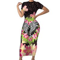 Polynesia Valentine's Day Short Sleeve Bodycon Dress Hammerhead Shark Plumeria With Polynesian Pattern LT14 Long Dress Black - Polynesian Pride