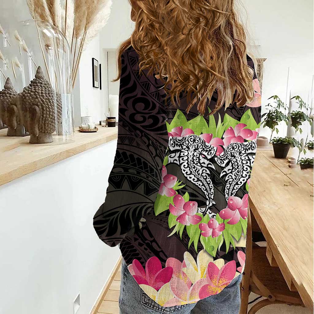 Polynesia Valentine's Day Women Casual Shirt Hammerhead Shark Plumeria With Polynesian Pattern LT14 - Polynesian Pride