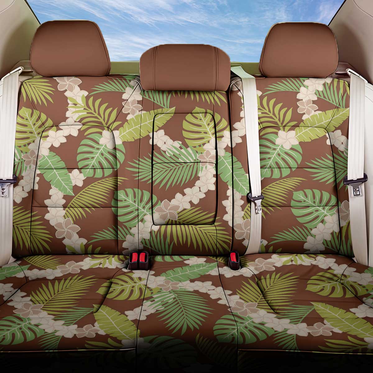 Brown Hawaii Plumeria Lei With Tropical Leaves Back Car Seat Cover LT14 One Size Brown - Polynesian Pride