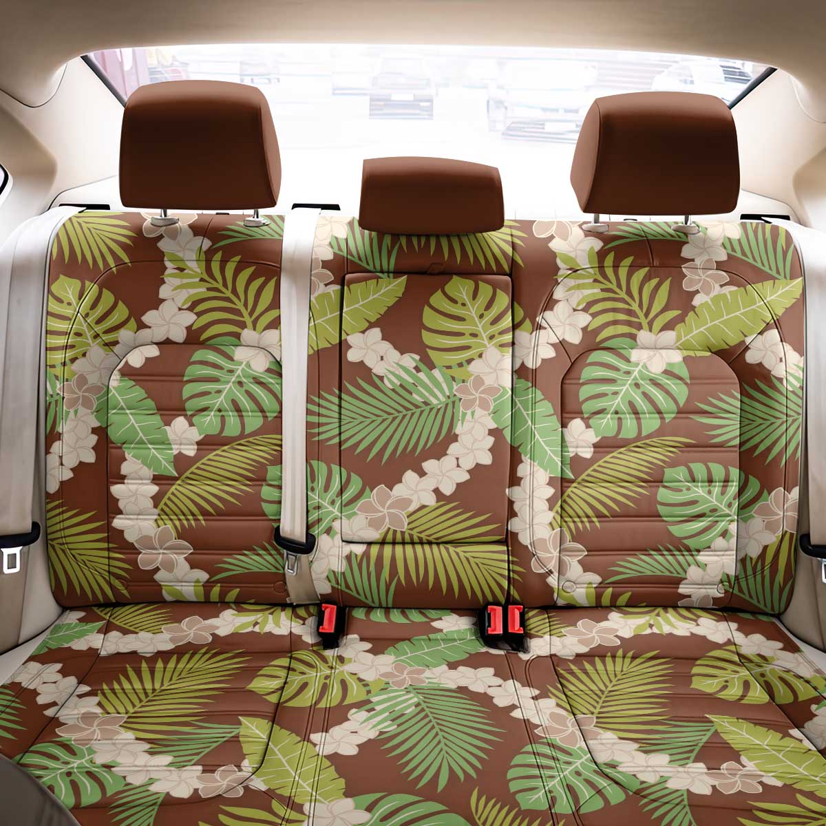 Brown Hawaii Plumeria Lei With Tropical Leaves Back Car Seat Cover LT14 - Polynesian Pride