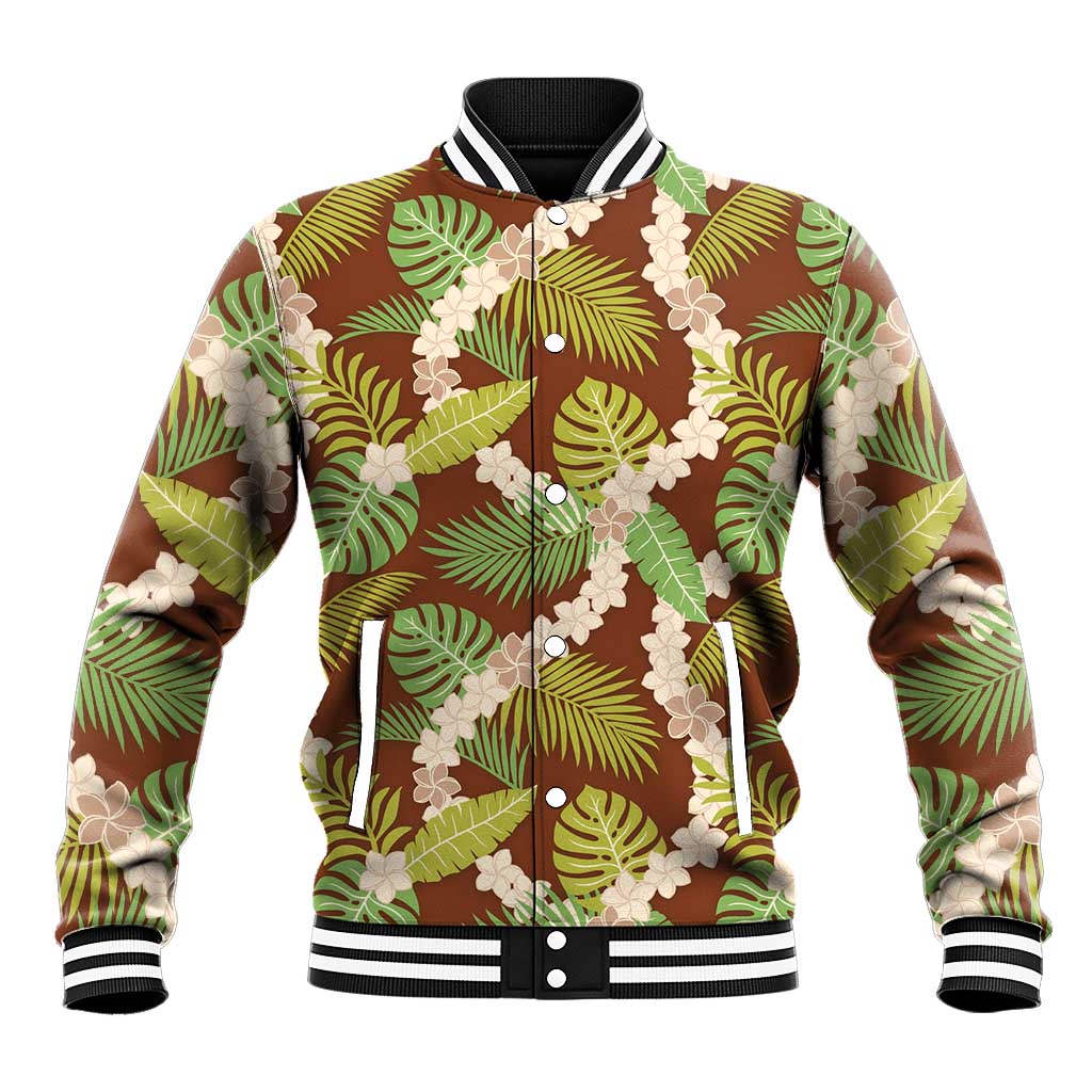 Brown Hawaii Plumeria Lei With Tropical Leaves Baseball Jacket LT14 Unisex Brown - Polynesian Pride