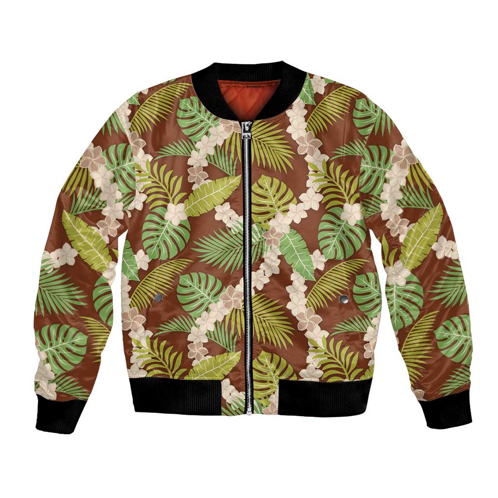 Brown Hawaii Plumeria Lei With Tropical Leaves Bomber Jacket LT14 Unisex Brown - Polynesian Pride
