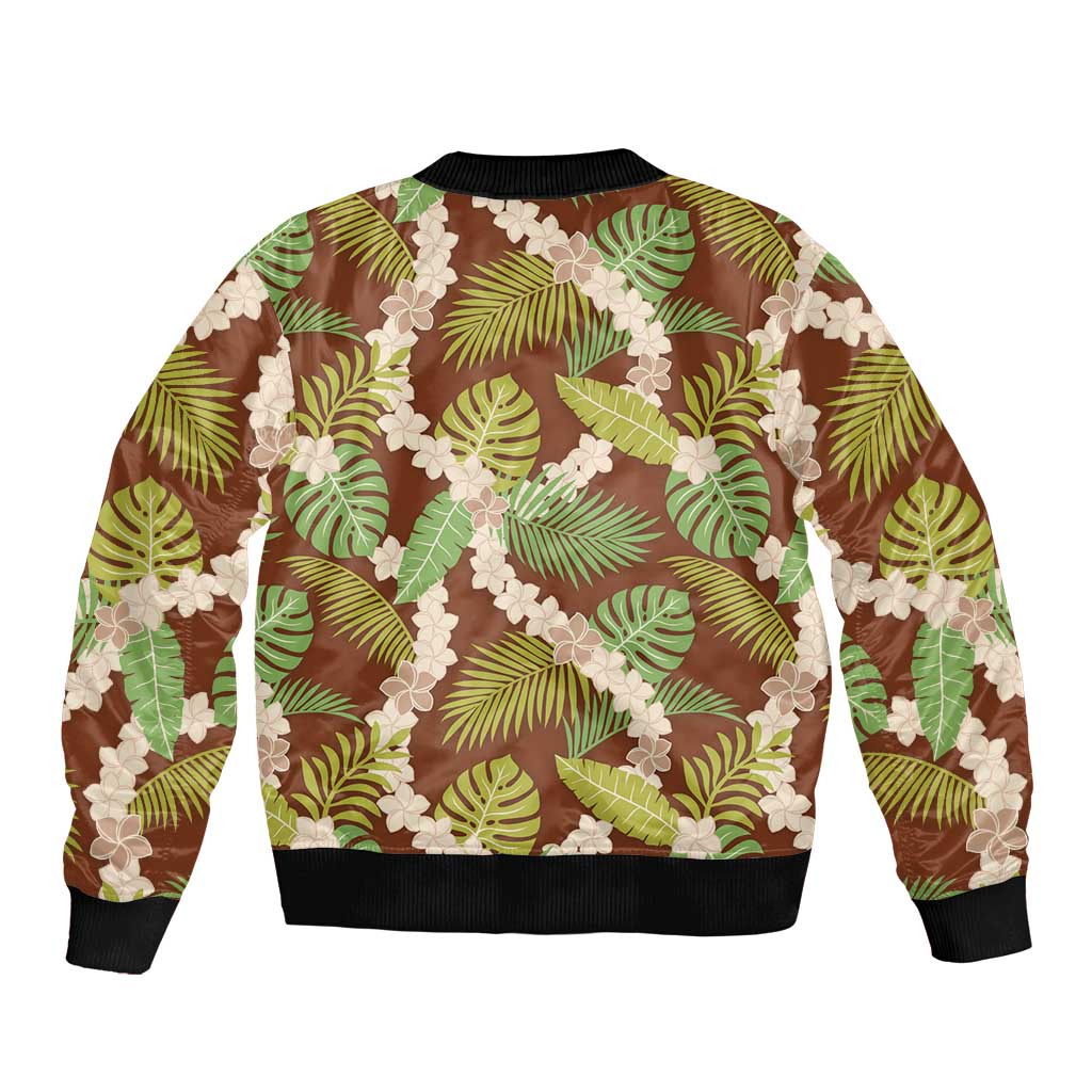 Brown Hawaii Plumeria Lei With Tropical Leaves Bomber Jacket LT14 - Polynesian Pride