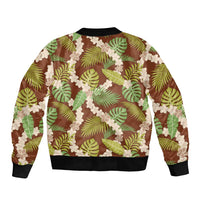 Brown Hawaii Plumeria Lei With Tropical Leaves Bomber Jacket LT14 - Polynesian Pride