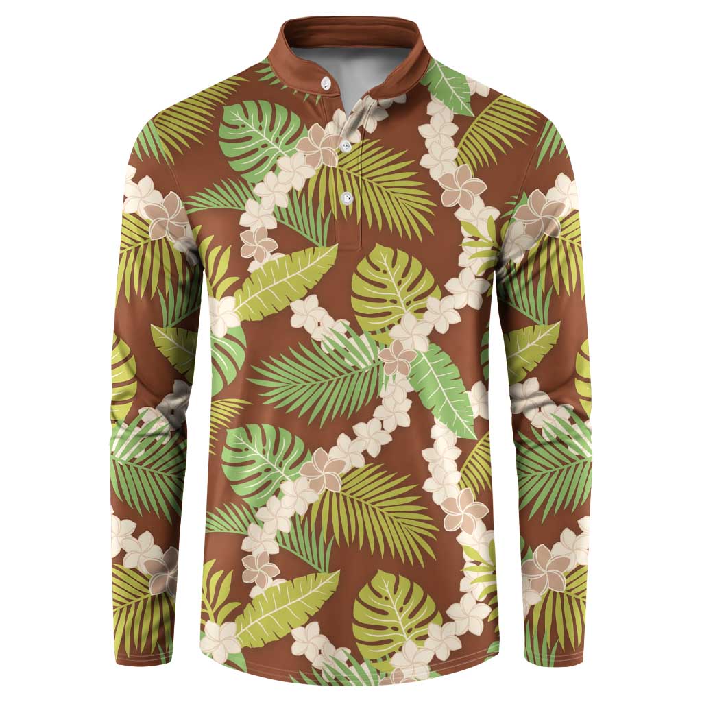 Brown Hawaii Plumeria Lei With Tropical Leaves Button Sweatshirt LT14 Brown - Polynesian Pride