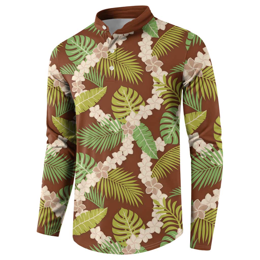 Brown Hawaii Plumeria Lei With Tropical Leaves Button Sweatshirt LT14 - Polynesian Pride
