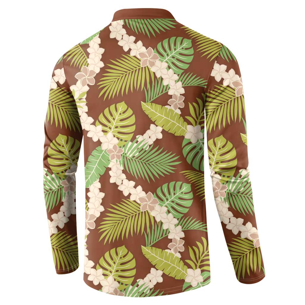 Brown Hawaii Plumeria Lei With Tropical Leaves Button Sweatshirt LT14 - Polynesian Pride