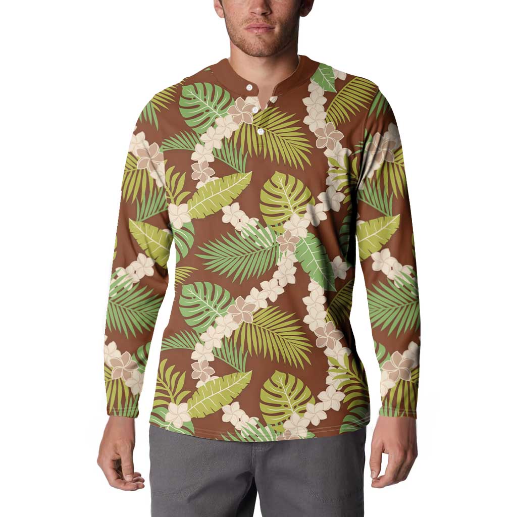 Brown Hawaii Plumeria Lei With Tropical Leaves Button Sweatshirt LT14 - Polynesian Pride
