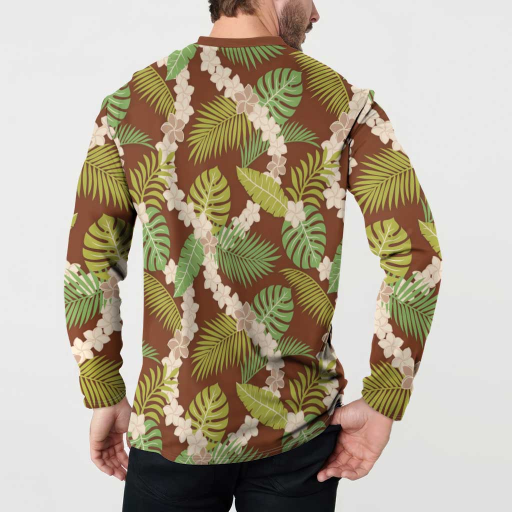 Brown Hawaii Plumeria Lei With Tropical Leaves Button Sweatshirt LT14 - Polynesian Pride