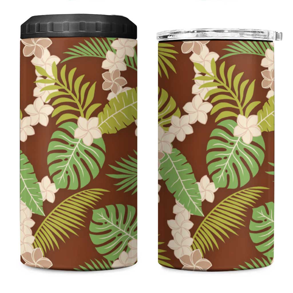 Brown Hawaii Plumeria Lei With Tropical Leaves 4 in 1 Can Cooler Tumbler LT14 One Size: 16 oz Brown - Polynesian Pride