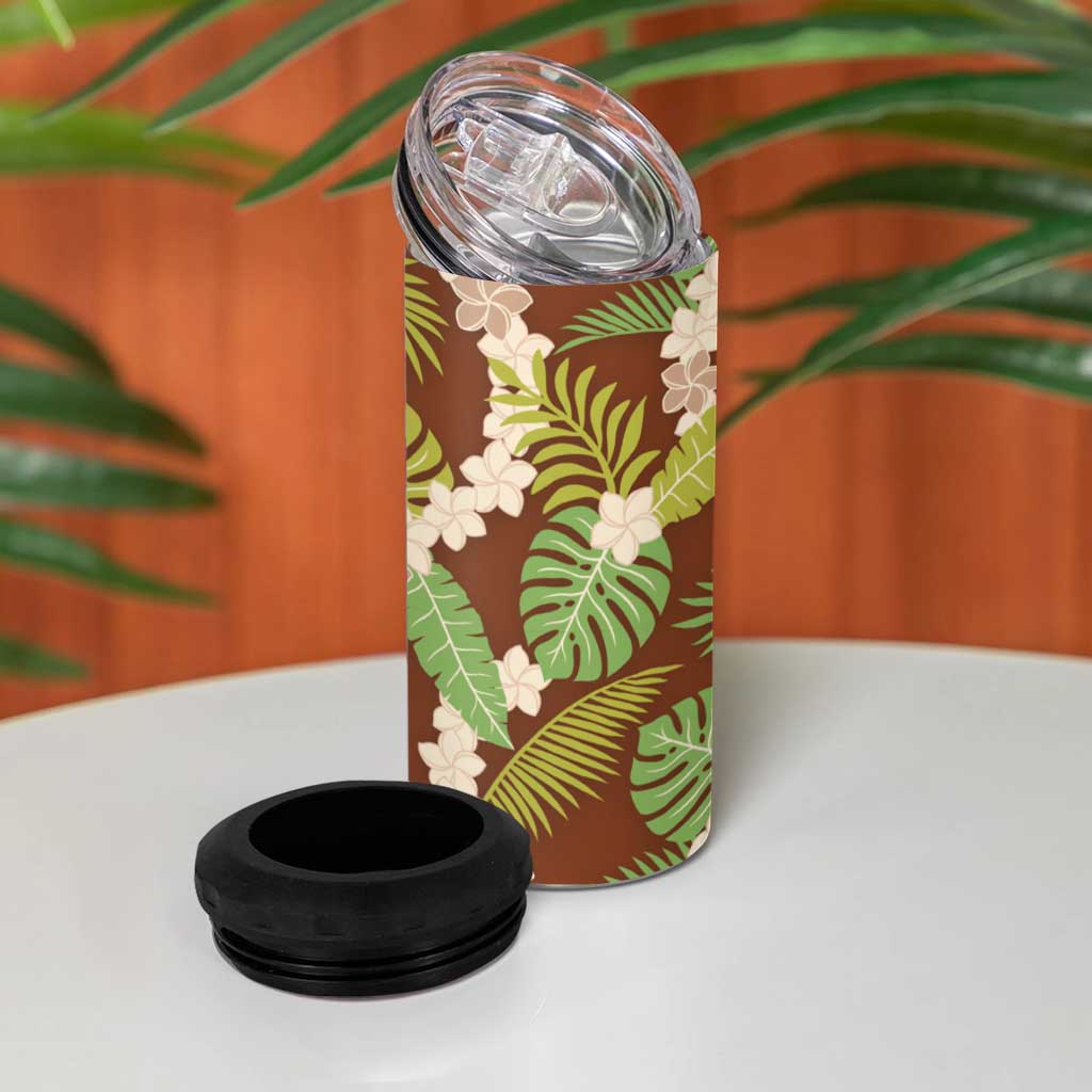 Brown Hawaii Plumeria Lei With Tropical Leaves 4 in 1 Can Cooler Tumbler LT14 - Polynesian Pride