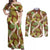 Brown Hawaii Plumeria Lei With Tropical Leaves Couples Matching Off Shoulder Maxi Dress and Long Sleeve Button Shirt