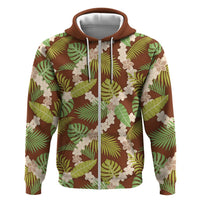 Brown Hawaii Plumeria Lei With Tropical Leaves Hoodie LT14 Zip Hoodie Brown - Polynesian Pride