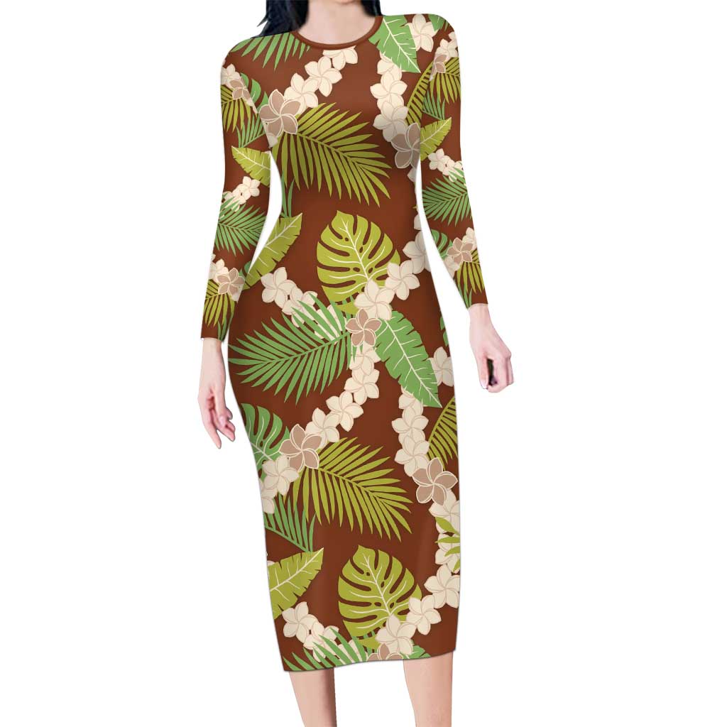Brown Hawaii Plumeria Lei With Tropical Leaves Long Sleeve Bodycon Dress LT14 Long Dress Brown - Polynesian Pride