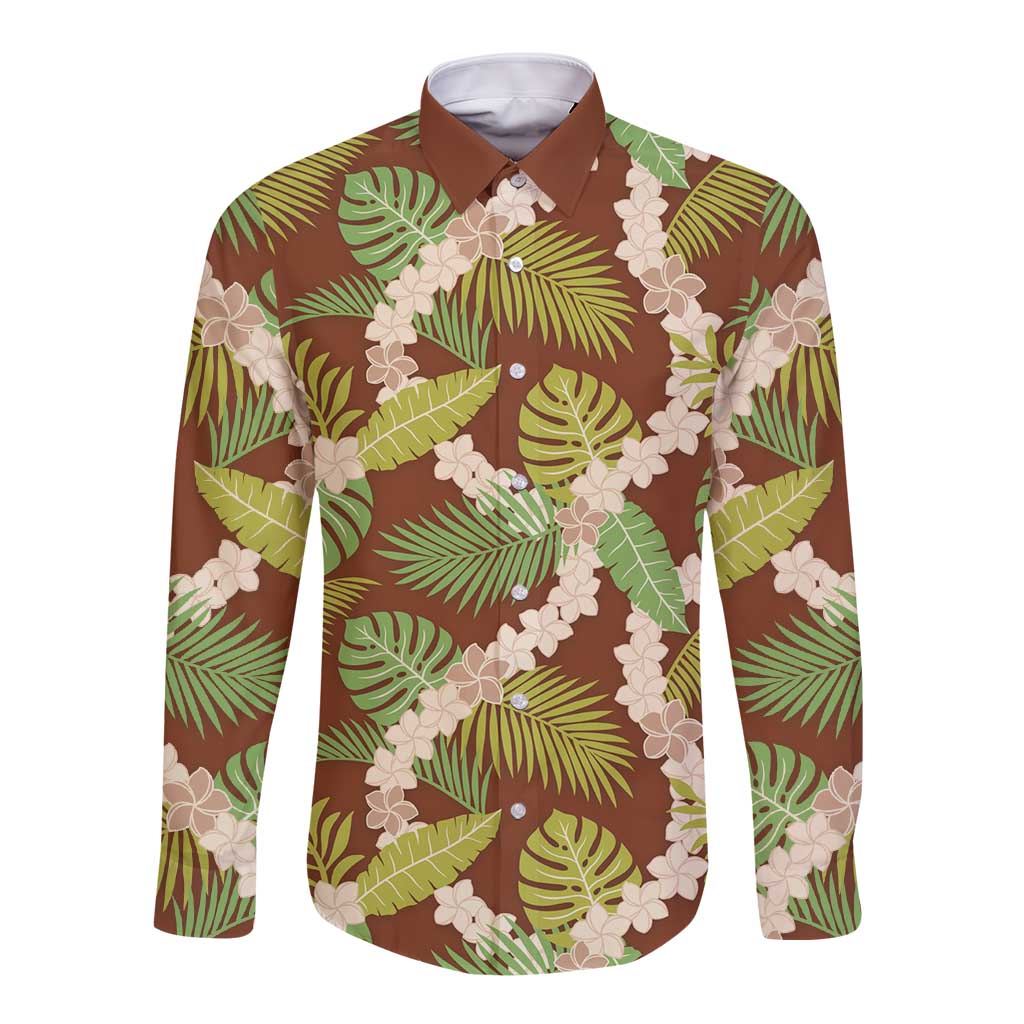 Brown Hawaii Plumeria Lei With Tropical Leaves Long Sleeve Button Shirt LT14 Unisex Brown - Polynesian Pride