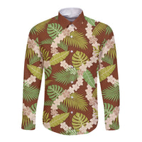 Brown Hawaii Plumeria Lei With Tropical Leaves Long Sleeve Button Shirt LT14 Unisex Brown - Polynesian Pride