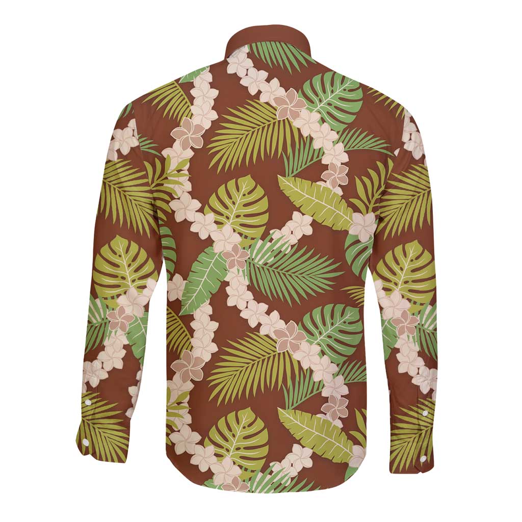 Brown Hawaii Plumeria Lei With Tropical Leaves Long Sleeve Button Shirt LT14 - Polynesian Pride