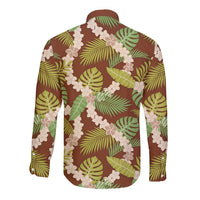Brown Hawaii Plumeria Lei With Tropical Leaves Long Sleeve Button Shirt LT14 - Polynesian Pride