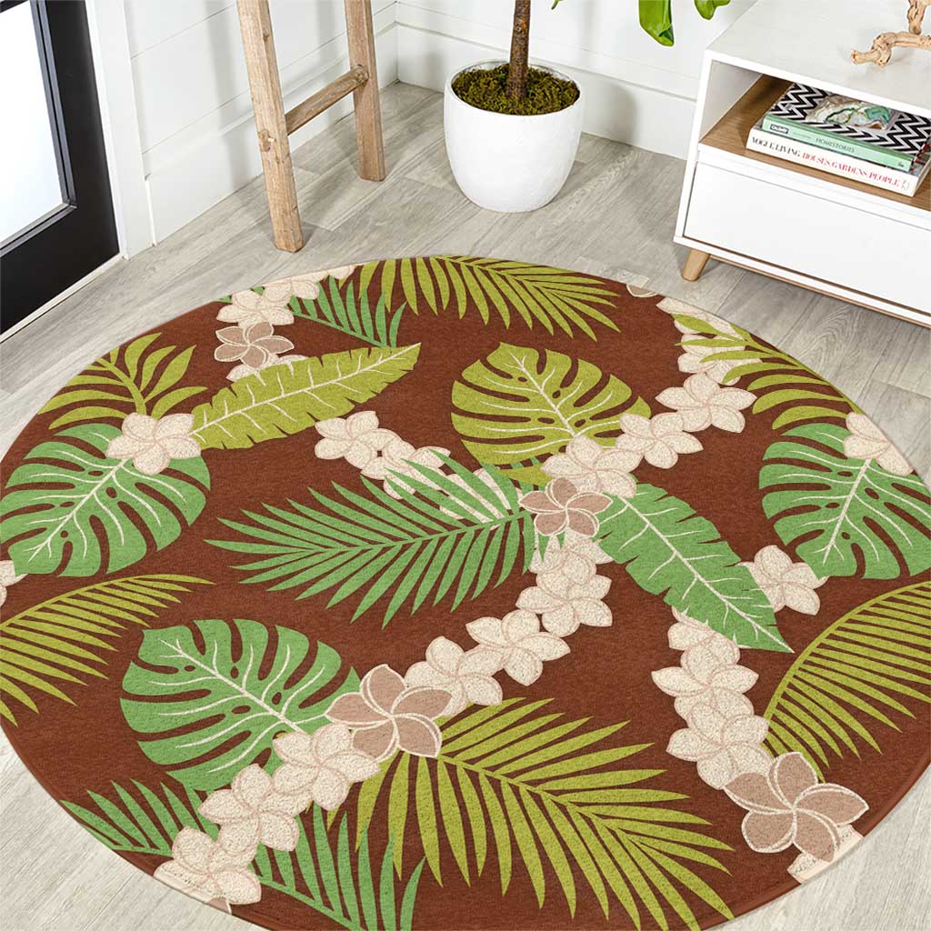 Brown Hawaii Plumeria Lei With Tropical Leaves Round Carpet LT14 Brown - Polynesian Pride