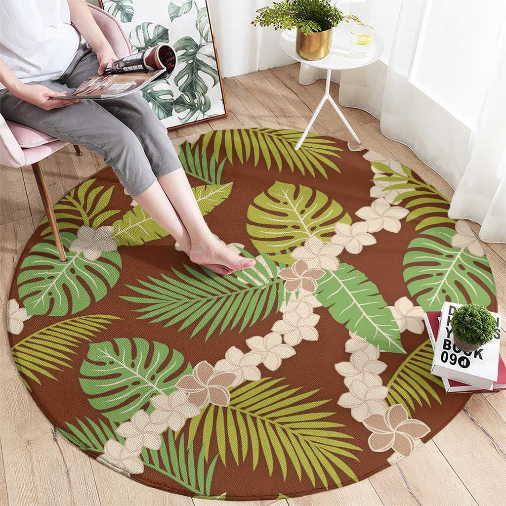 Brown Hawaii Plumeria Lei With Tropical Leaves Round Carpet LT14 - Polynesian Pride
