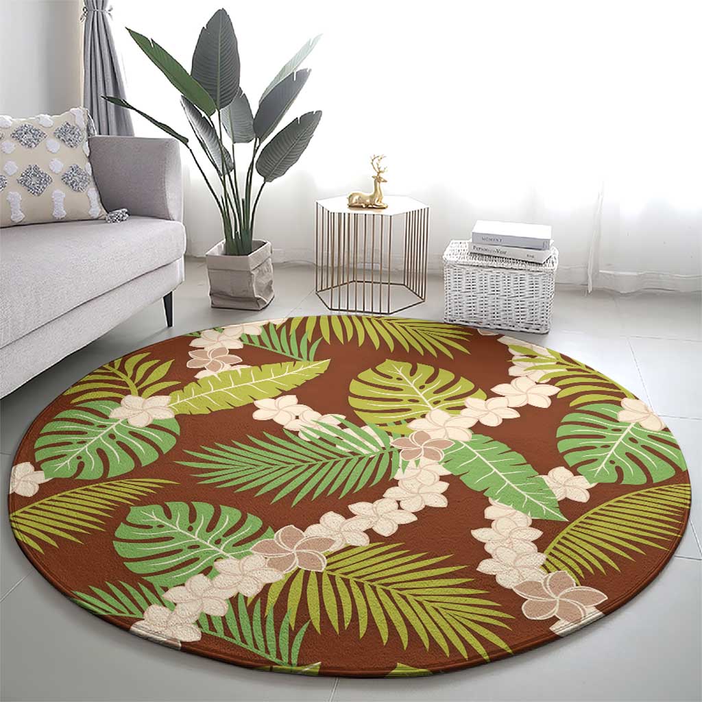 Brown Hawaii Plumeria Lei With Tropical Leaves Round Carpet LT14 - Polynesian Pride