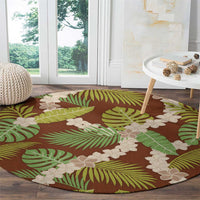 Brown Hawaii Plumeria Lei With Tropical Leaves Round Carpet LT14 - Polynesian Pride